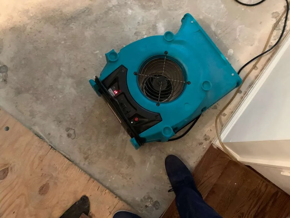 Air mover drying subfloor during Commercial Water Damage Restoration in West Bridgewater